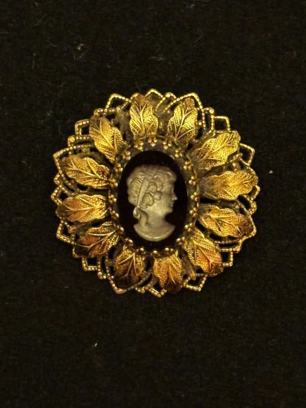 Vintage Victorian Revival Glass Black Mourning Cameo Leafy Filigree Brooch